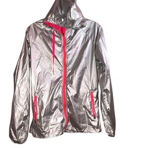 Fila Womens Metallic Silver Hooded Jacket With Pink Accents & Zipper Closure Siz